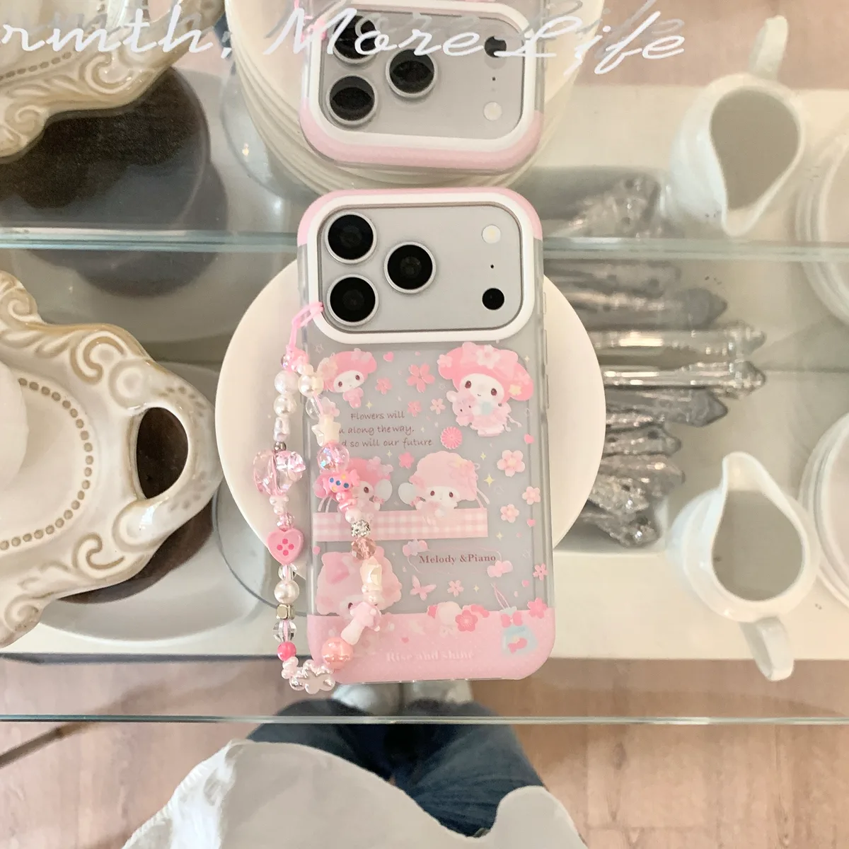 Pink Melody & Piano Case with Beaded Strap for iPhone 17 16 15 Pro Max